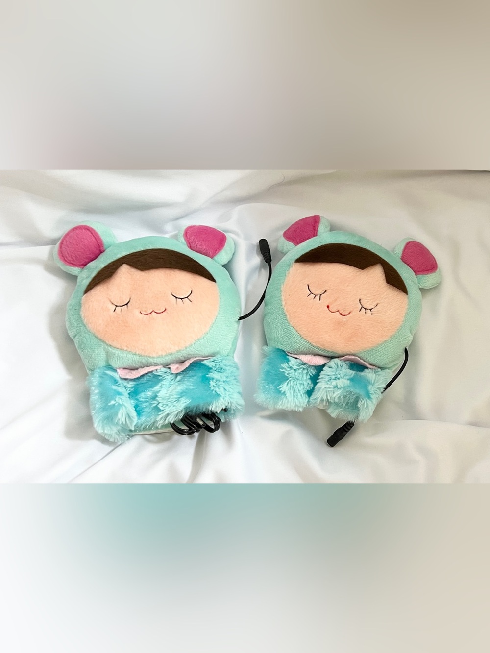 Cute Plush USB Heated Mittens Teal Kawaii Winter Hand Warmers Fingerless Pair